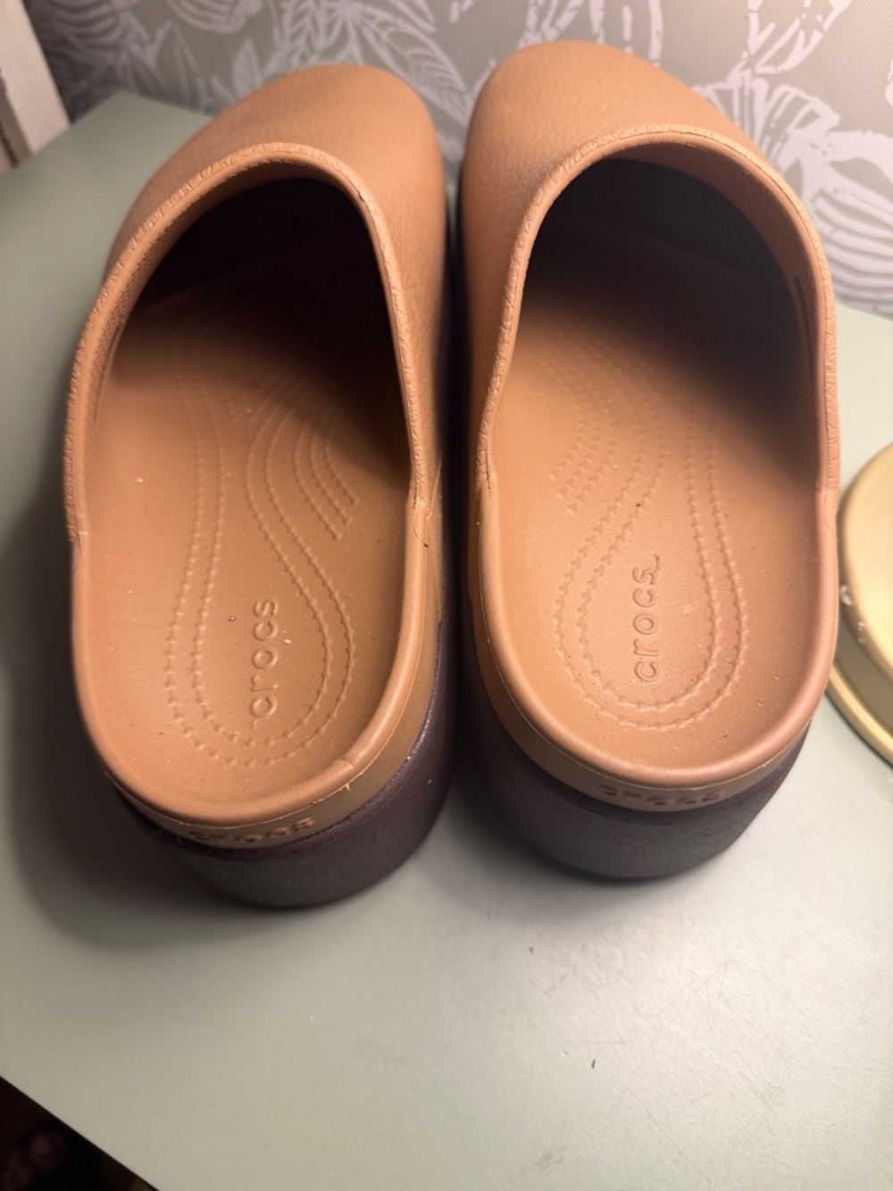 CROCS Slide Platform Clog in Tan Upper with Brown Sole - Picture 3 of 6